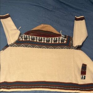 Men's Cream, Brown, and Bergundy Patterned Zip-Up Sweater